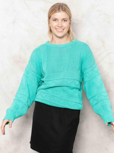 90s Knit Sweater Teal Vintage Cable Knit Pullover Women Autumn Preppy Sweater Aran Knit Sweater Cotton Jumper Women Clothing size Medium