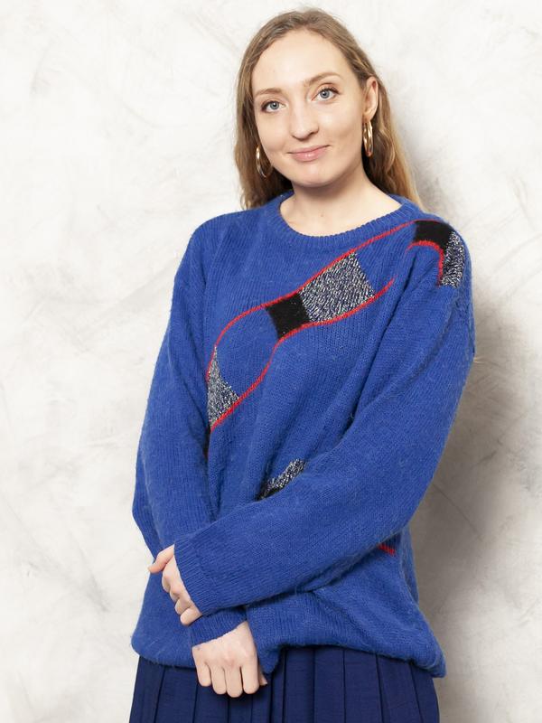  Bold Blue Sweater Vintage 80s Wool Knit Sweater Abstract Print Jumper Bold Everyday Sweater Vintage Pullover Women Clothing size Large