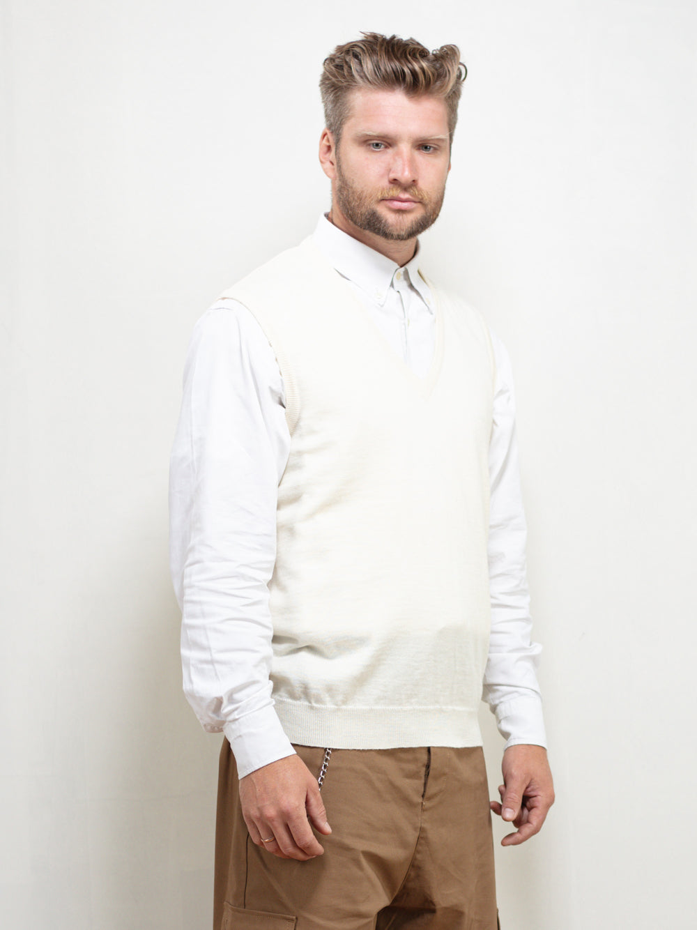 Vintage 80's Beige Sweater Waistcoat Vest - NorthernGrip