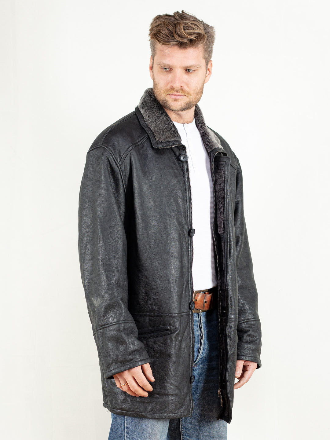 Vintage Men 90's Black Sheepskin Coat - NorthernGrip