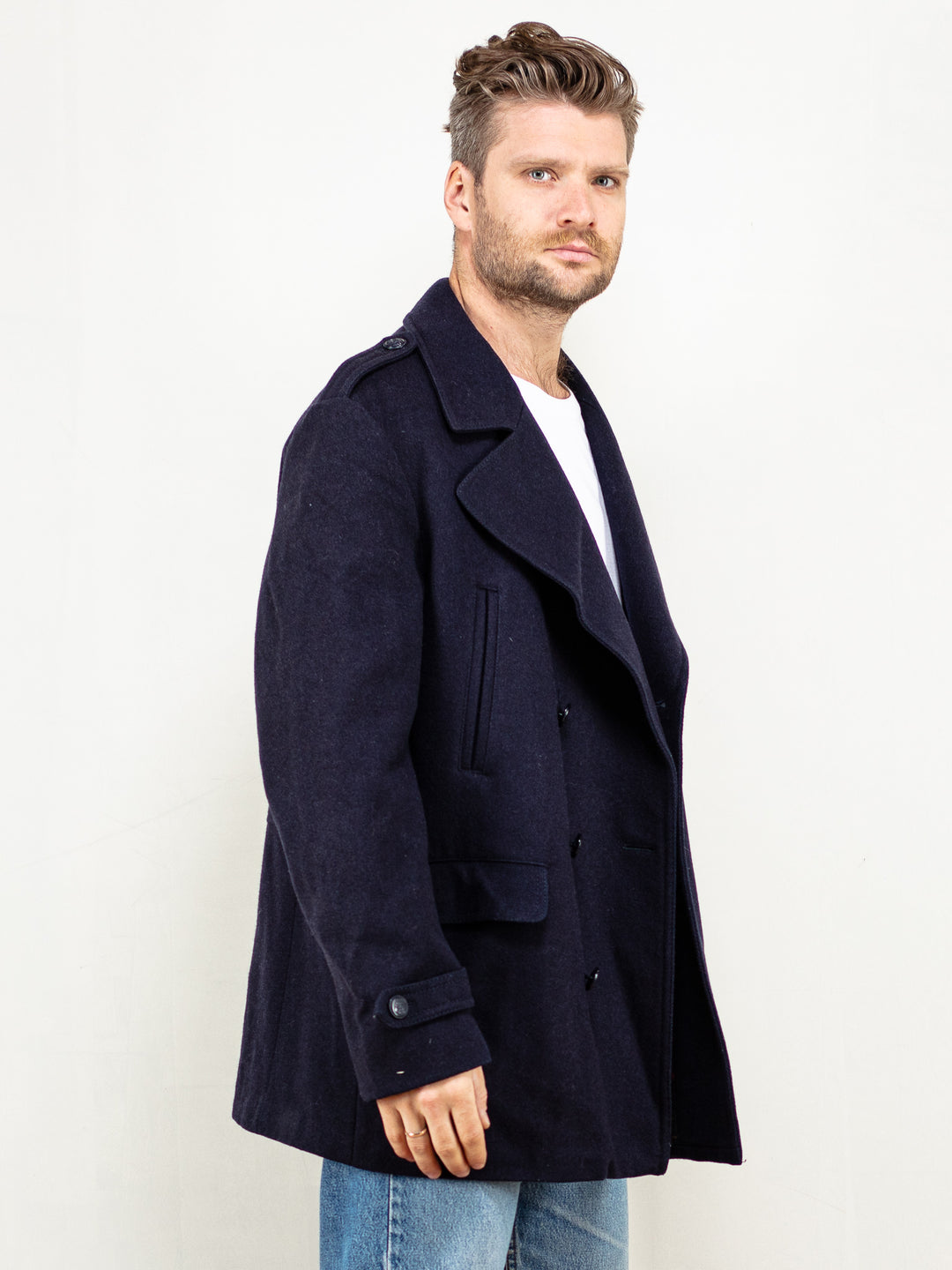 Men Wool Coat vintage 70’s blue wool winter maxi overcoat boho western sustainable clothing fashion winter western outerwear size large
