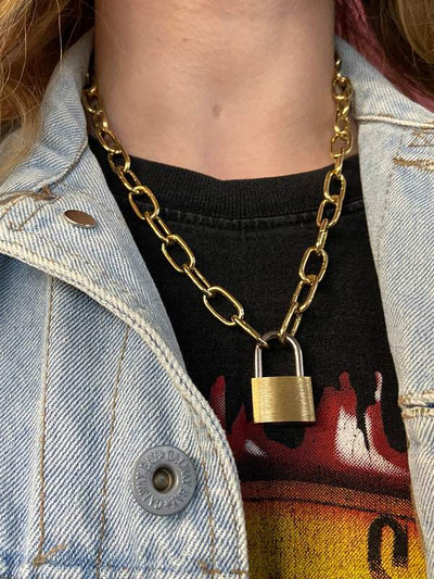 Y2K Padlock Necklace Chain . 90s Style Woman Thin Lock Chain Girlfriend Gift Idea 2000s Thin Golden Chain Rave Y2K Padlock One Size