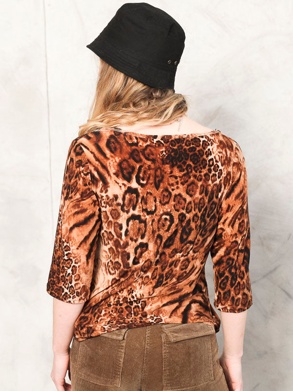 Y2K Women Top vintage 2000s leopard print shirt vintage animal print stretchy tee brown safari print top women retro clothing size small