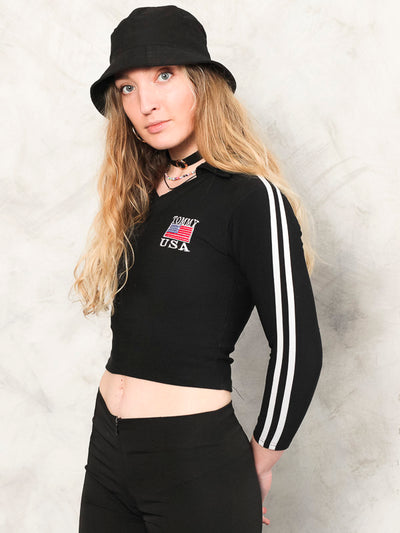 Y2K Cropped Top black 2000s sport top crop tight tee long sleeve top striped t-shirt stretchy top women vintage clothing size xs extra small