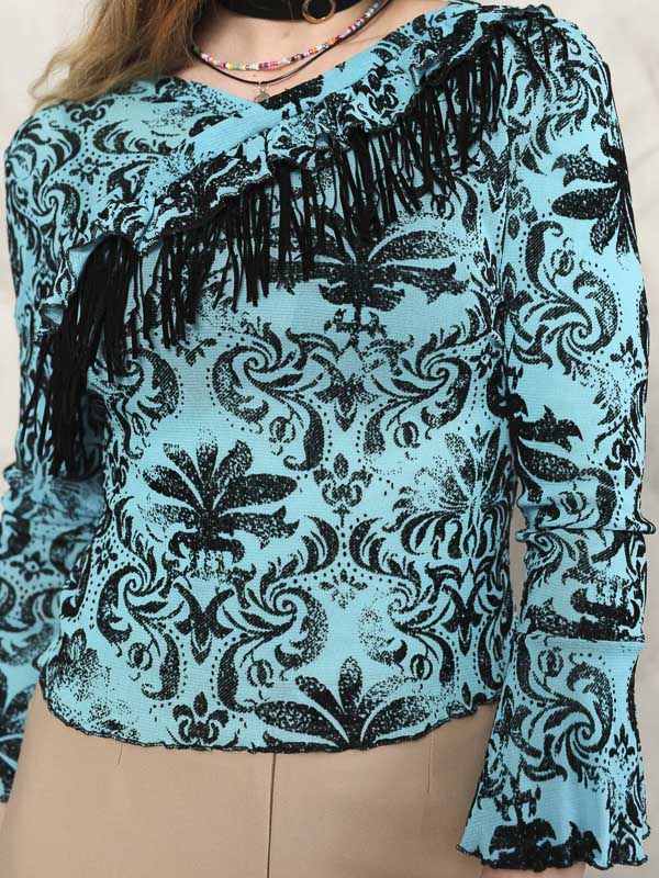 Y2K Patterned Top 2000s fringe long sleeve top cropped flower ruffle top boho crop floral blouse women vintage clothing size XS extra small