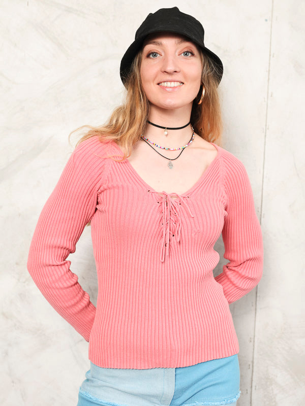 Y2K Knit Top 2000s coral pink sweater casual retro tee textured cotton spring top long sleeve top women vintage clothing size xs extra small