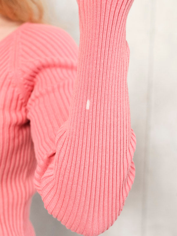 Y2K Knit Top 2000s coral pink sweater casual retro tee textured cotton spring top long sleeve top women vintage clothing size xs extra small