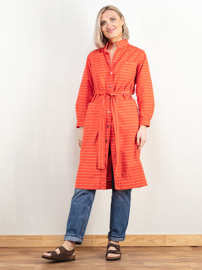Vintage Women Dress 90s mod dress boho summer dress longline shirt striped orange dress shirtdress women vintage clothing size small
