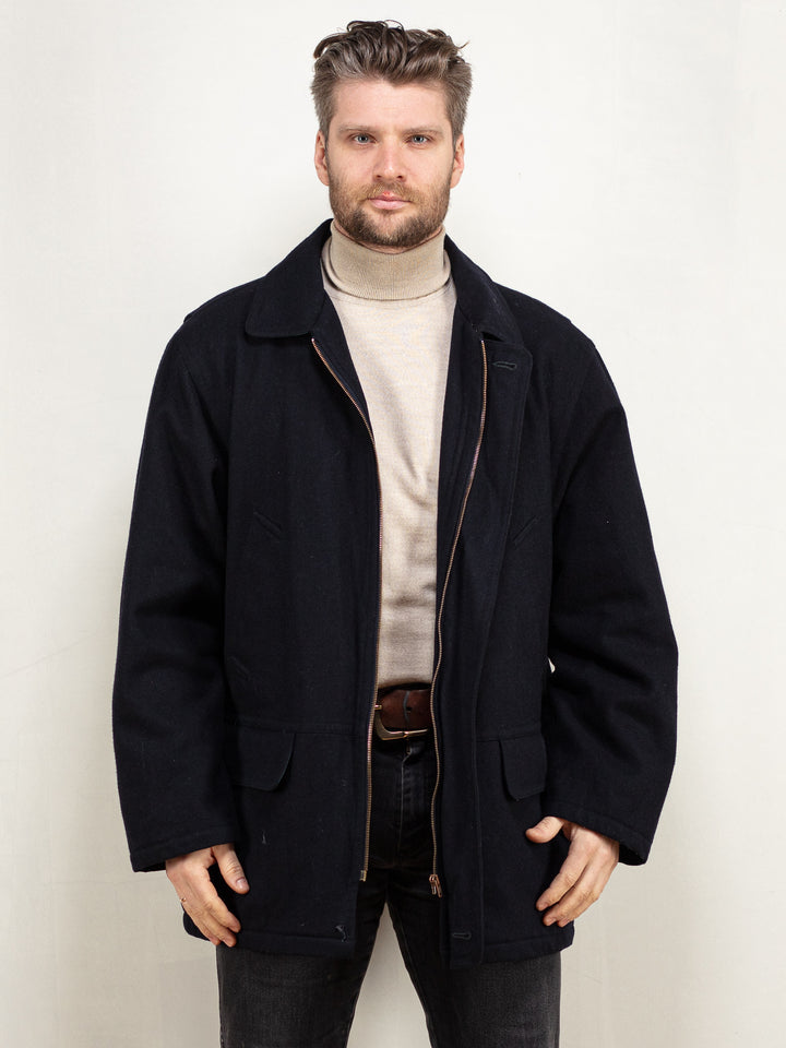 Vintage 80's Men Wool Blend Coat in Navy - NorthernGrip