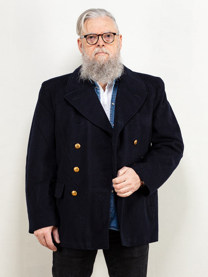 Vintage 70's Men Wool Blend Peacoat in Navy Blue - NorthernGrip