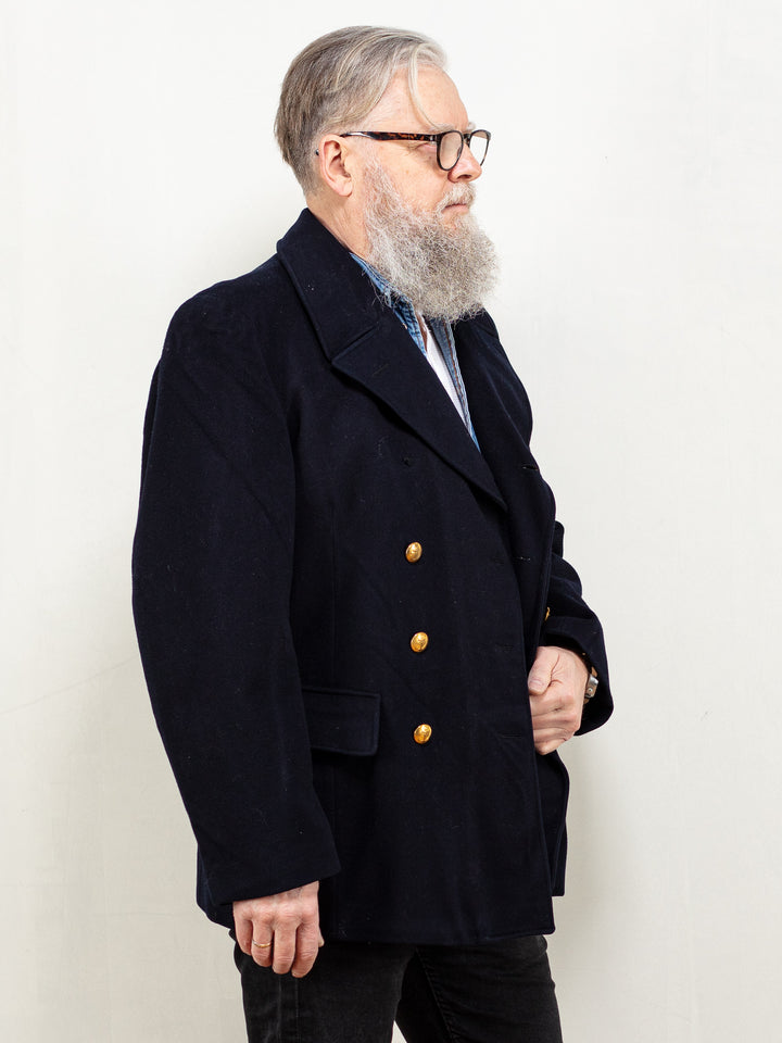 Vintage 70's Men Wool Blend Peacoat in Navy Blue - NorthernGrip