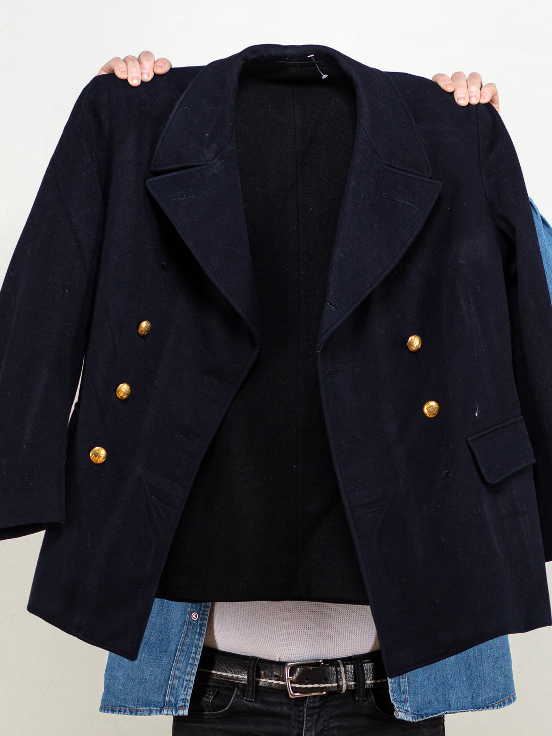 Wool Coat Men 70s vintage navy double breasted peacoat overcoat warm winter outerwear streetwear sustainable fashion size medium M